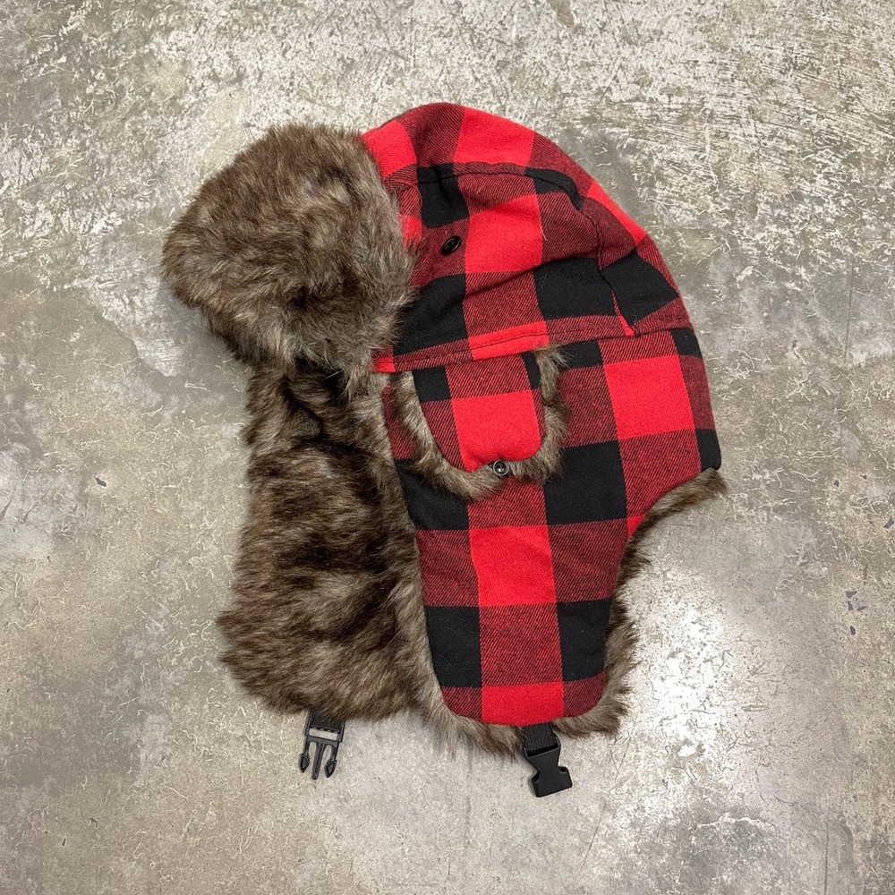 Red Black Buffalo Plaid Trapper Hat Faux Fur Lined Winter Ear Flap Bomber Cap